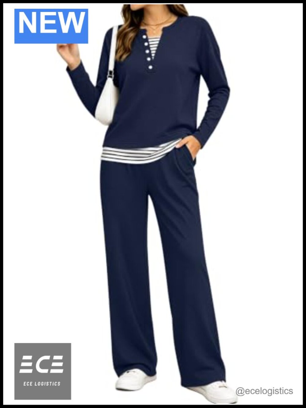 Womens 2 Piece Lounge Set Long Sleeve Henley Wide Leg Pants Cotton Blend